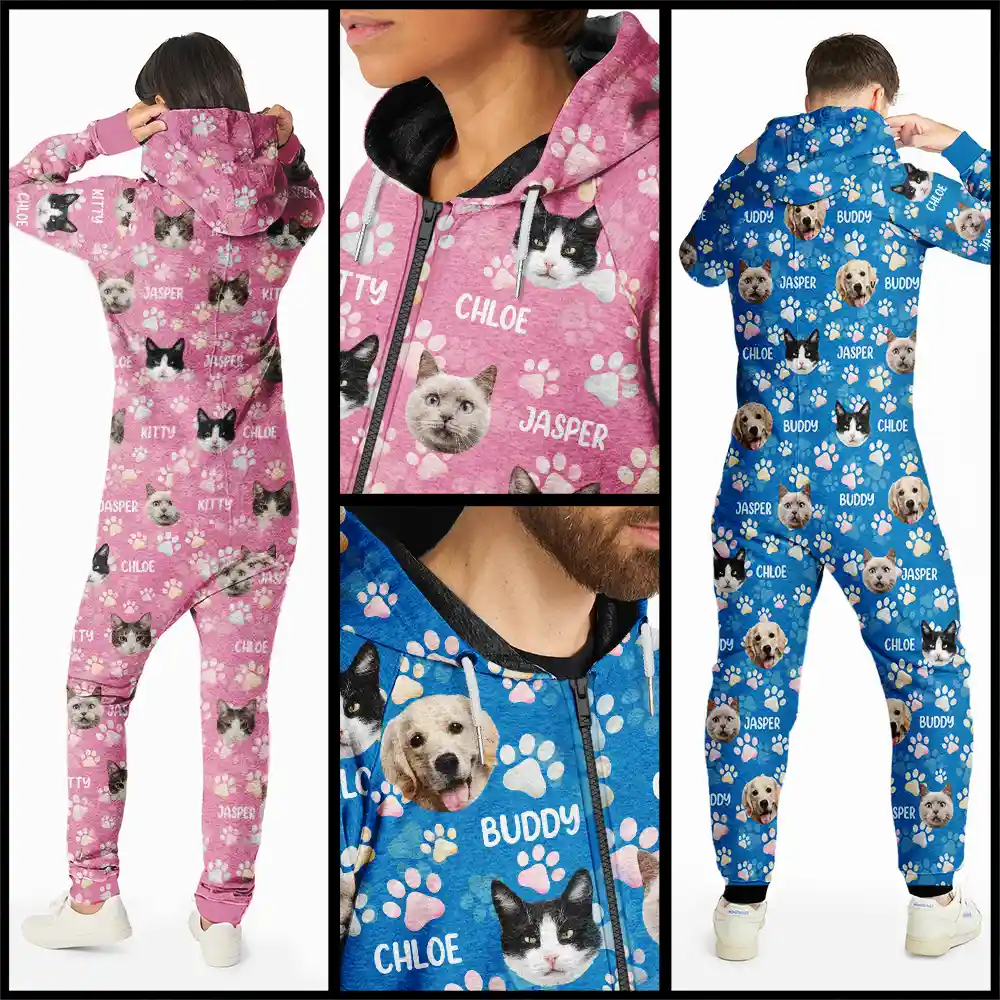 Custom Photo Lovely Pet Face Pattern Dog Cat Family - Personalized Overall Onesie Hooded Jumpsuit - Image 4