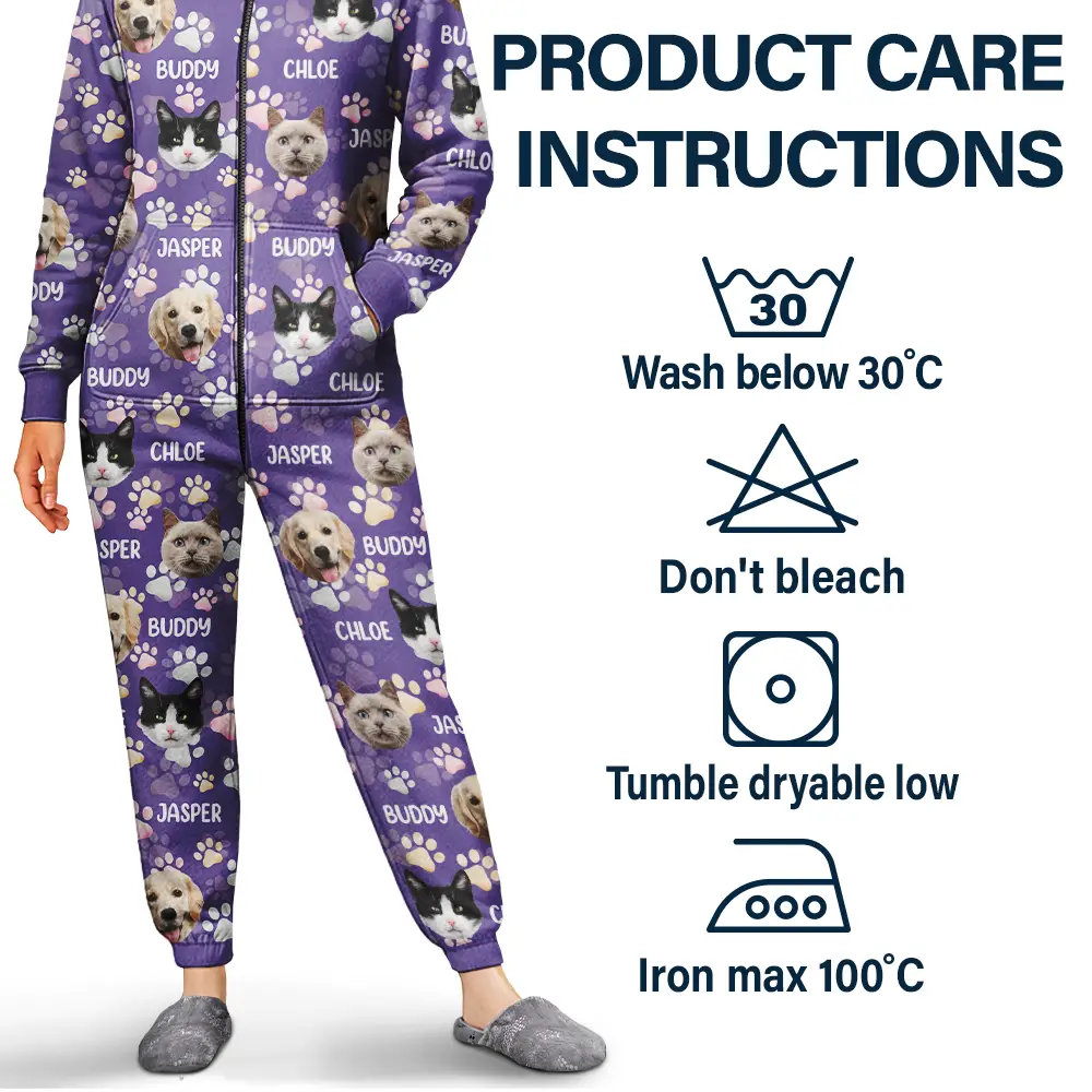 Custom Photo Lovely Pet Face Pattern Dog Cat Family - Personalized Overall Onesie Hooded Jumpsuit - Image 5