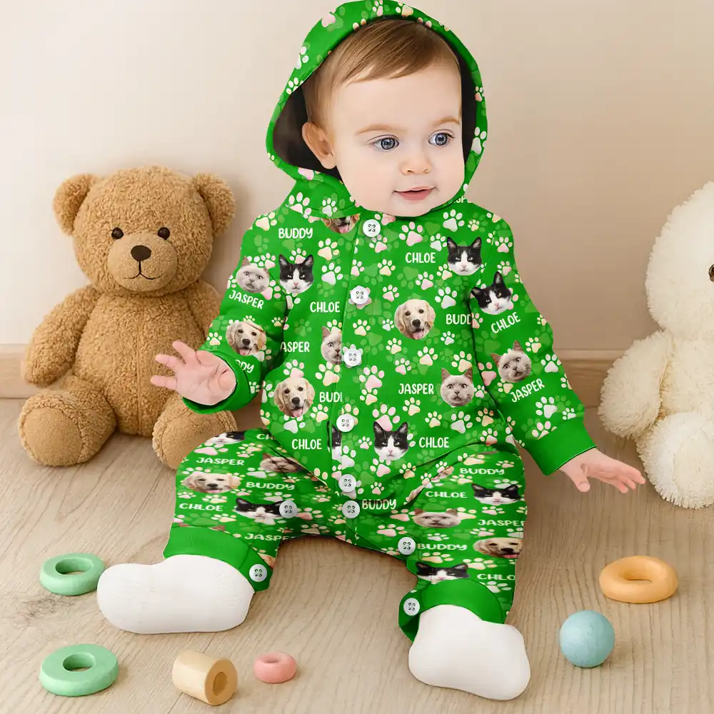 Custom Photo Lovely Pet Face Pattern Dog Cat Family - Personalized Overall Onesie Hooded Jumpsuit - Image 7