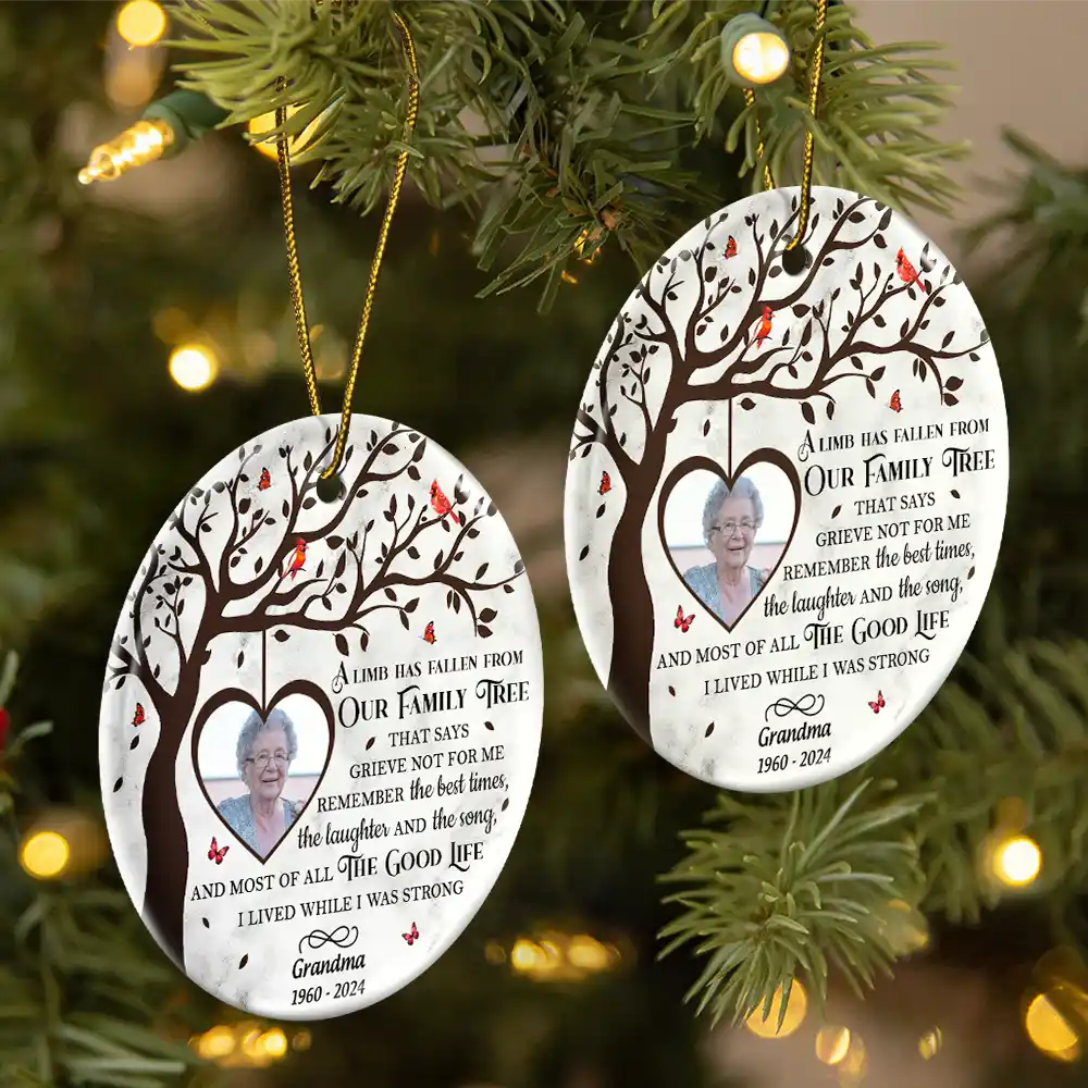 Custom Photo Memorial A Limb Has Fallen From Our Family Tree - Personalized Circle Ceramic Ornament - Image 2