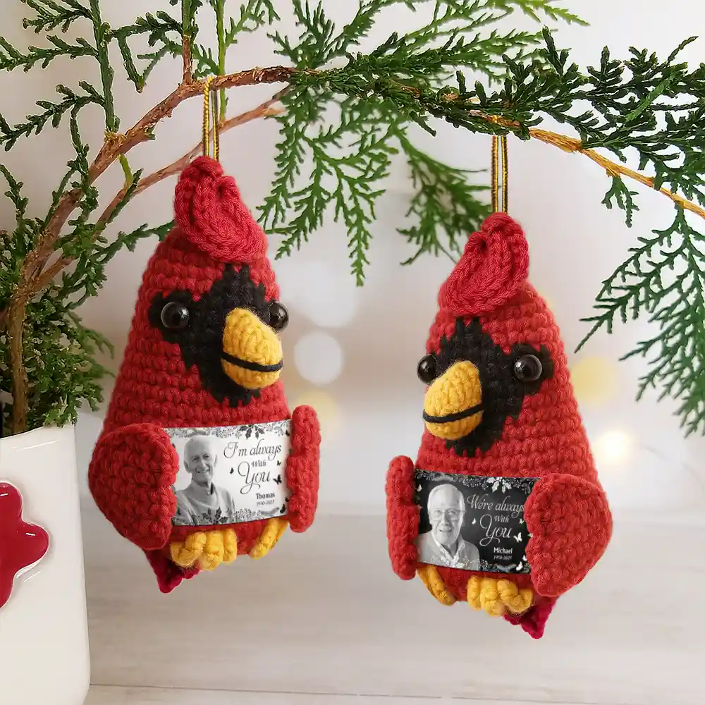 Custom Photo Memorial Although You Cannot See Me - Personalized Crochet Cardinal Bird Hanging Decoration - Image 5