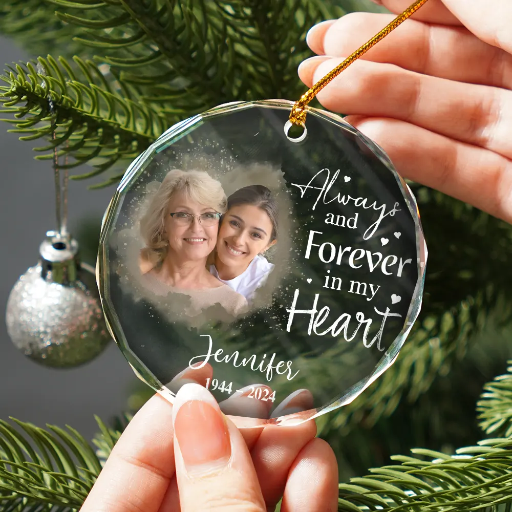 Custom Photo Memorial Always & Forever In My Heart - Personalized Circle Glass Ornament - Image 2