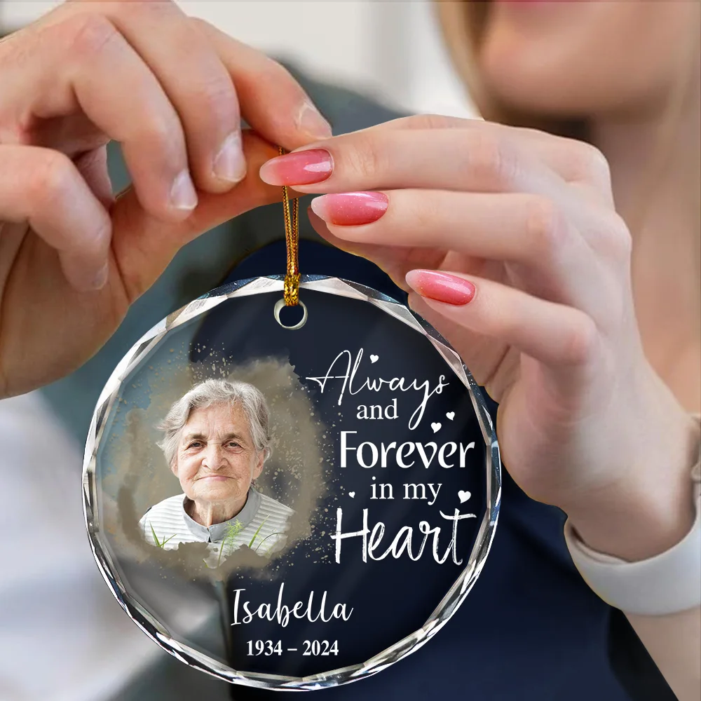 Custom Photo Memorial Always & Forever In My Heart - Personalized Circle Glass Ornament - Image 4