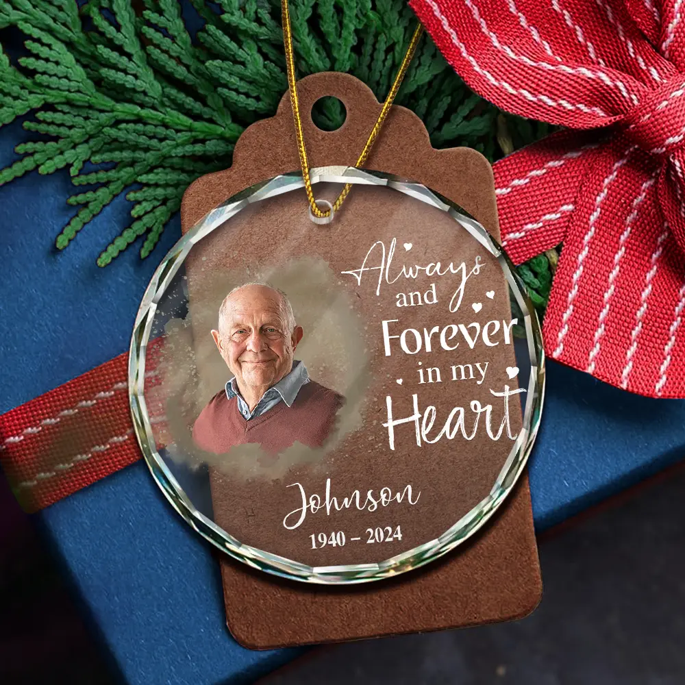 Custom Photo Memorial Always & Forever In My Heart - Personalized Circle Glass Ornament - Image 5