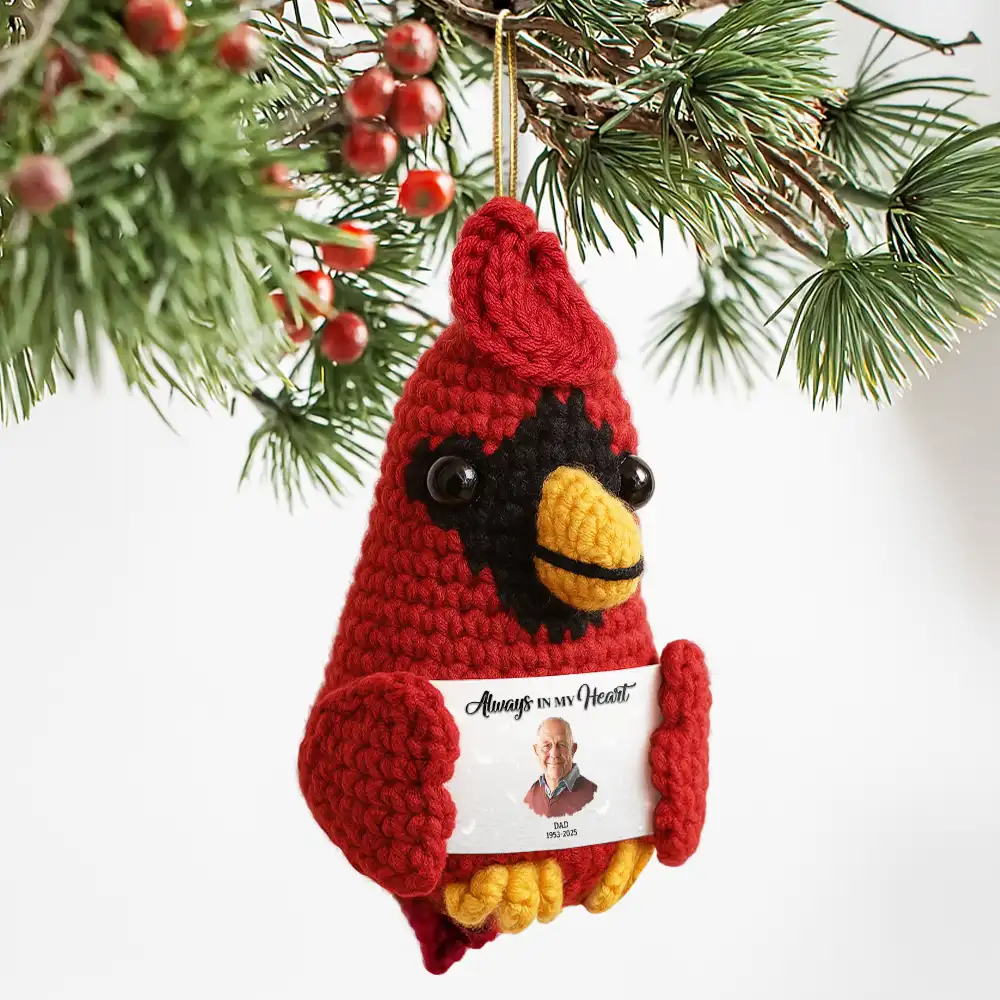 Custom Photo Memorial Always In Our Heart - Personalized Crochet Cardinal Bird Hanging Decoration - Image 3