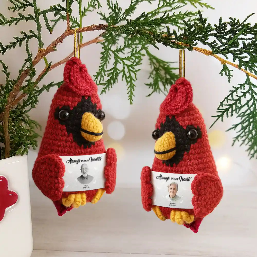 Custom Photo Memorial Always In Our Heart - Personalized Crochet Cardinal Bird Hanging Decoration - Image 5