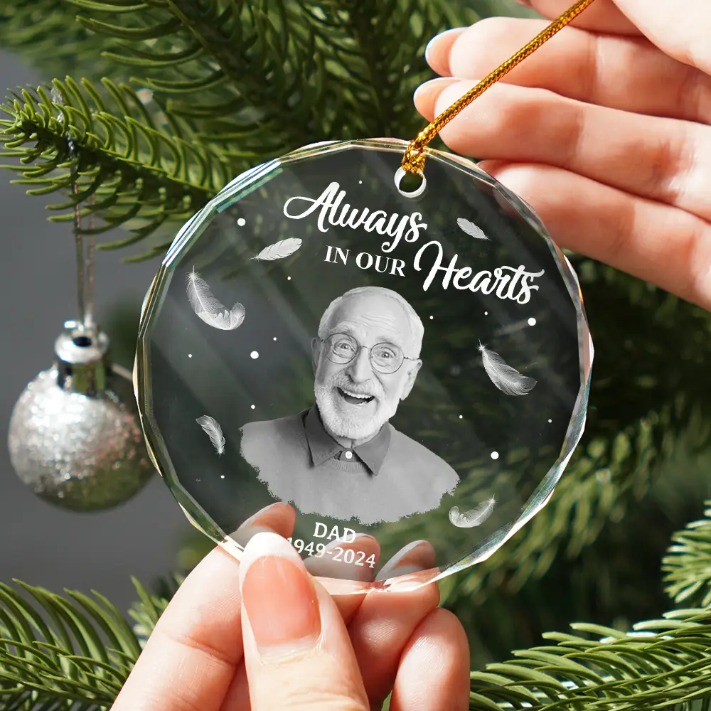 Custom Photo Memorial Always In Our Heart - Personalized Glass Ornament - Image 3