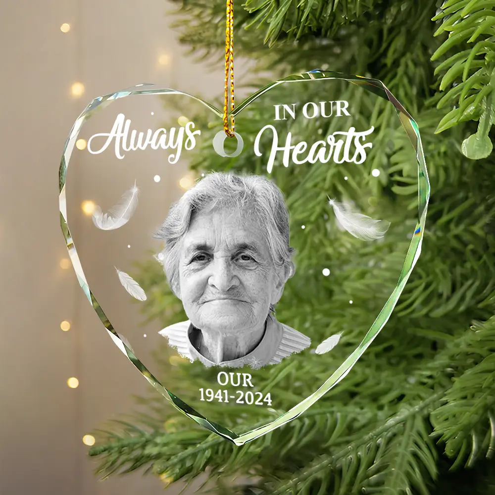 Custom Photo Memorial Always In Our Heart - Personalized Glass Ornament - Image 5