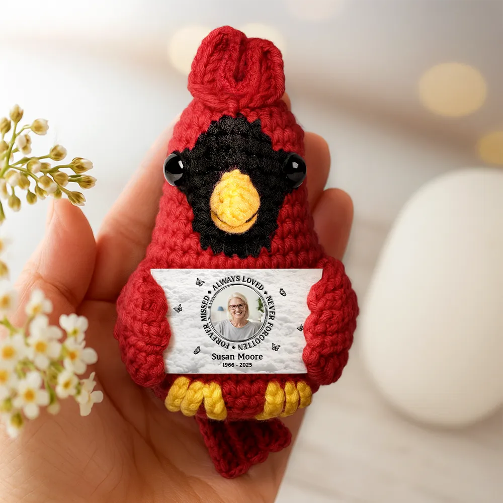 Custom Photo Memorial Always Loved Never Forgotten - Personalized Crochet Cardinal Bird Hanging Decoration - Image 3