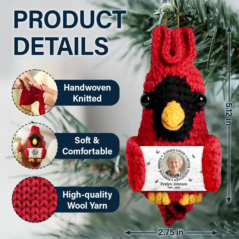 Custom Photo Memorial Always Loved Never Forgotten - Personalized Crochet Cardinal Bird Hanging Decoration - Image 5