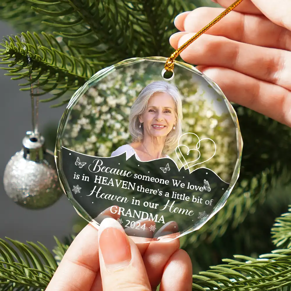 Custom Photo Memorial Because Someone We Love Is In Heaven - Personalized Circle Glass Ornament - Image 2