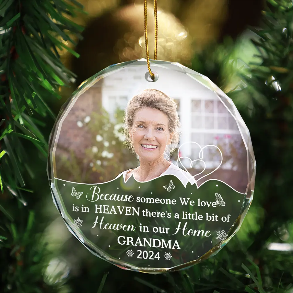 Custom Photo Memorial Because Someone We Love Is In Heaven - Personalized Circle Glass Ornament - Image 3