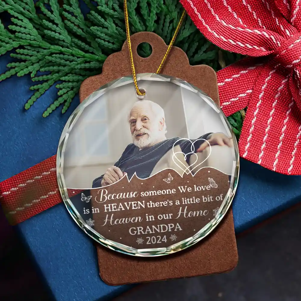 Custom Photo Memorial Because Someone We Love Is In Heaven - Personalized Circle Glass Ornament - Image 5
