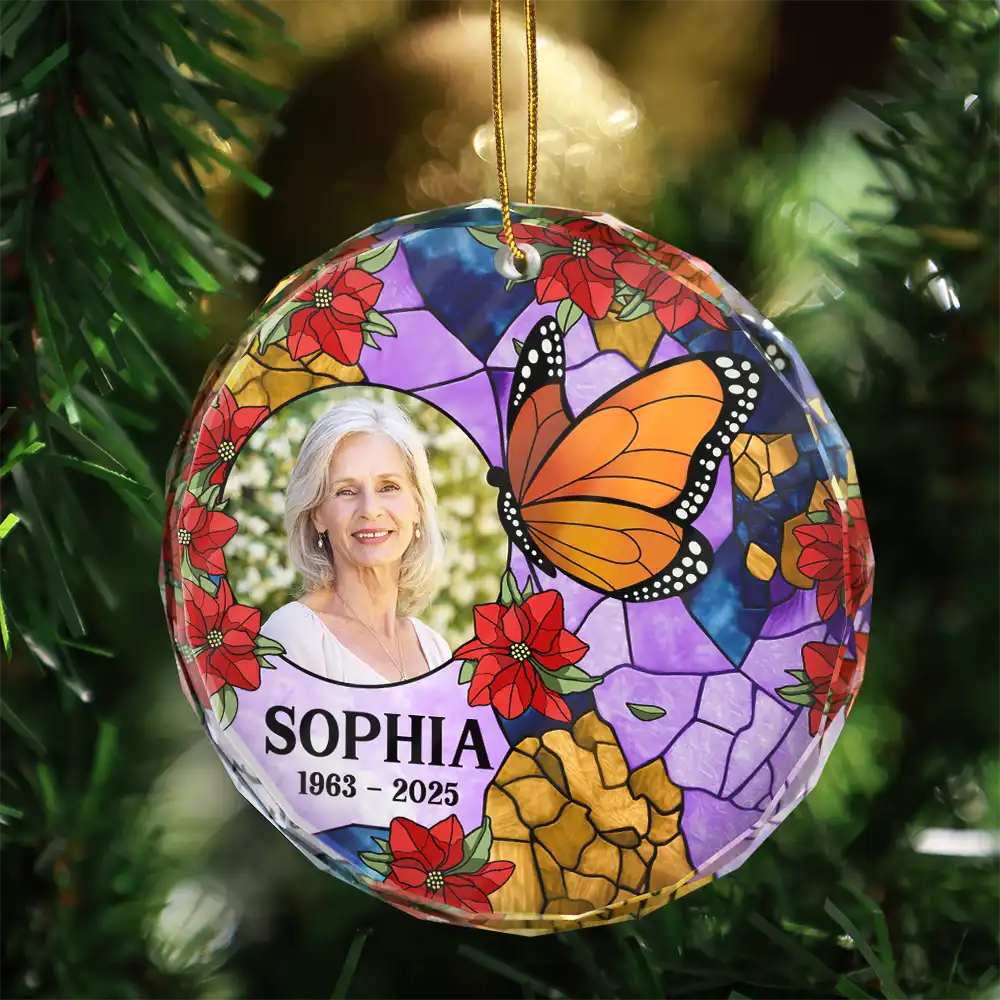 Custom Photo Memorial Bird Family Dad Mom - Personalized Circle Glass Ornament - Image 3