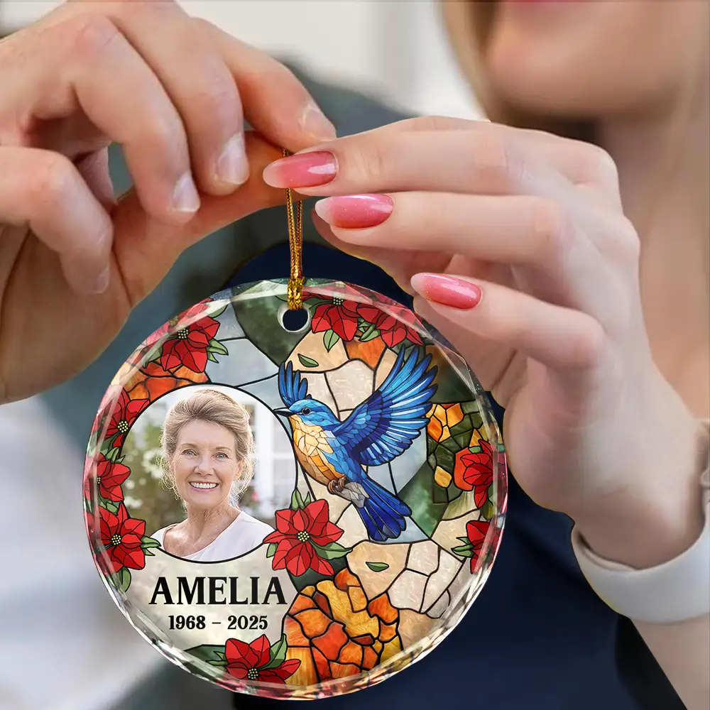 Custom Photo Memorial Bird Family Dad Mom - Personalized Circle Glass Ornament - Image 4