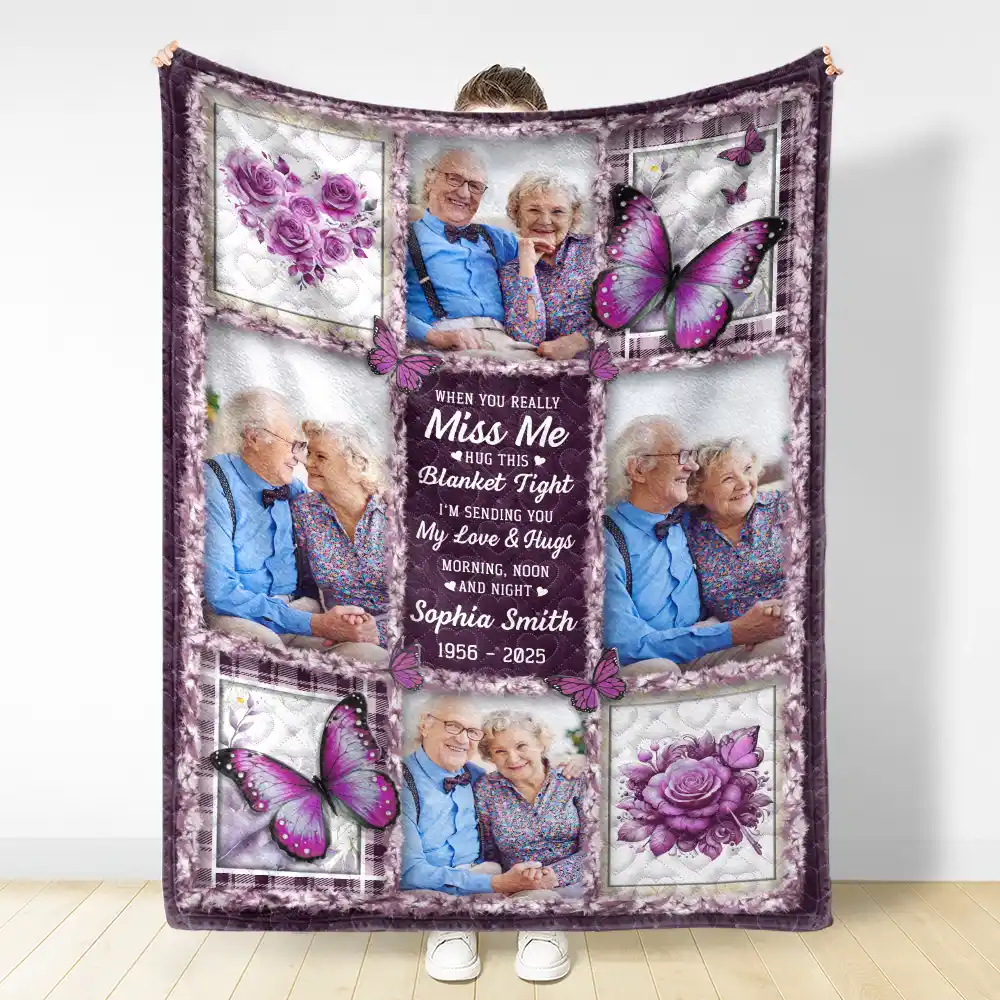 Custom Photo Memorial Butterfly When You Really Miss Me Hug This Blanket - Personalized Fleece Blanket, Sherpa Blanket - Image 3