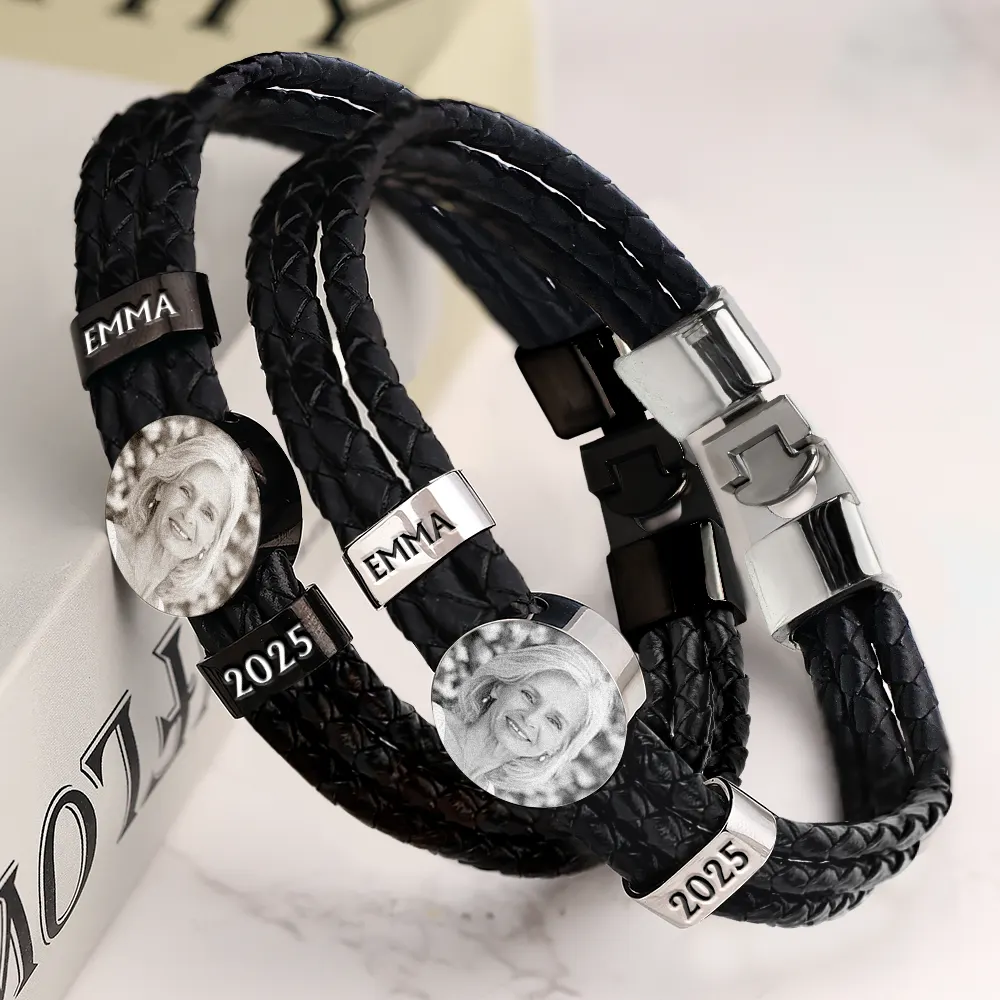 Custom Photo Memorial Dad Mom Family - Personalized Leather Braided Bracelet - Image 3
