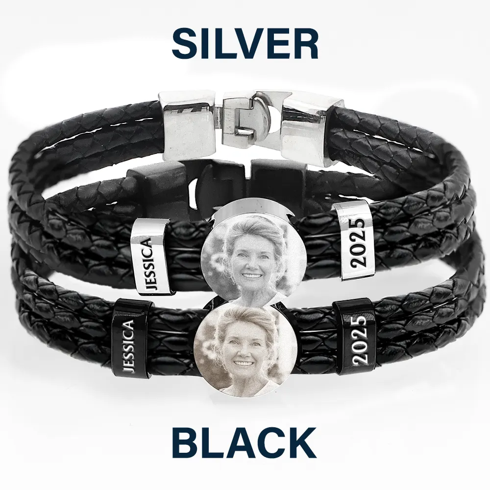 Custom Photo Memorial Dad Mom Family - Personalized Leather Braided Bracelet - Image 4