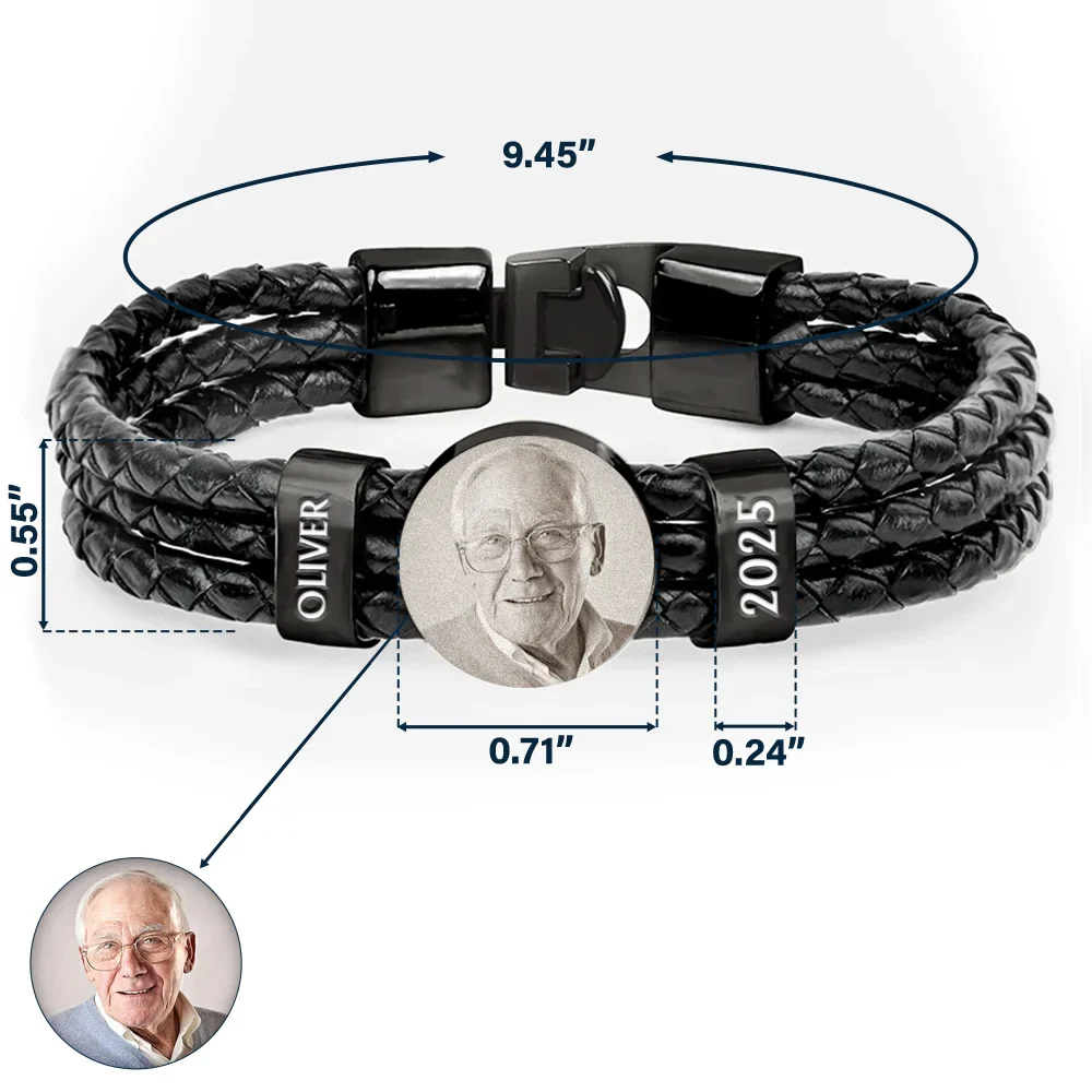 Custom Photo Memorial Dad Mom Family - Personalized Leather Braided Bracelet - Image 5