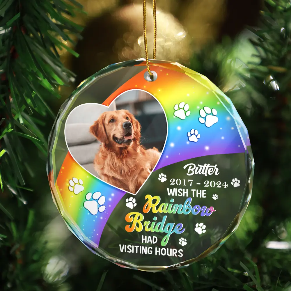 Custom Photo Memorial Dog Cat Pet We Will Meet Again At The Rainbow Bridge - Personalized Circle Glass Ornament - Image 3