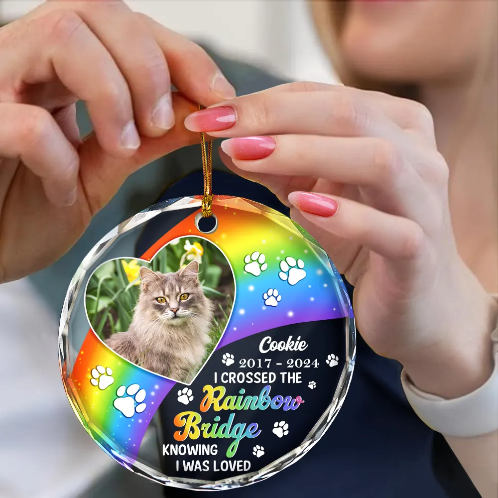 Custom Photo Memorial Dog Cat Pet We Will Meet Again At The Rainbow Bridge - Personalized Circle Glass Ornament - Image 4