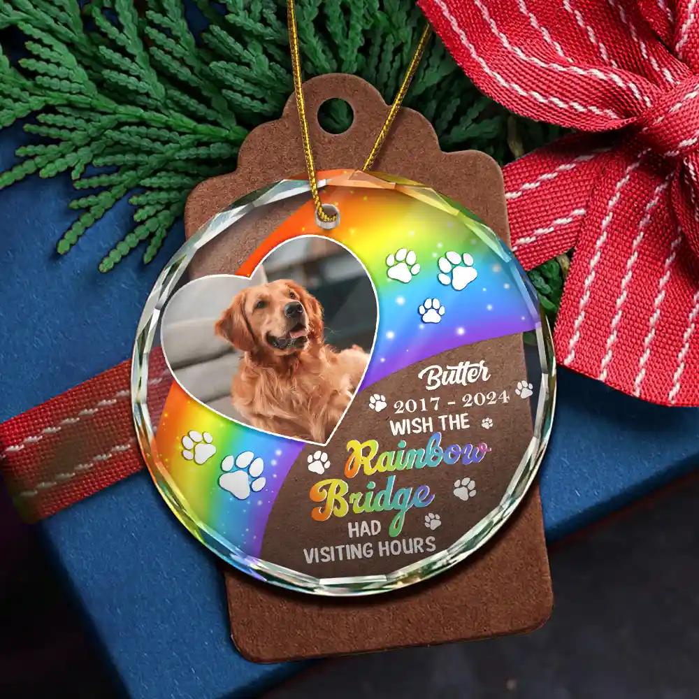 Custom Photo Memorial Dog Cat Pet We Will Meet Again At The Rainbow Bridge - Personalized Circle Glass Ornament - Image 5