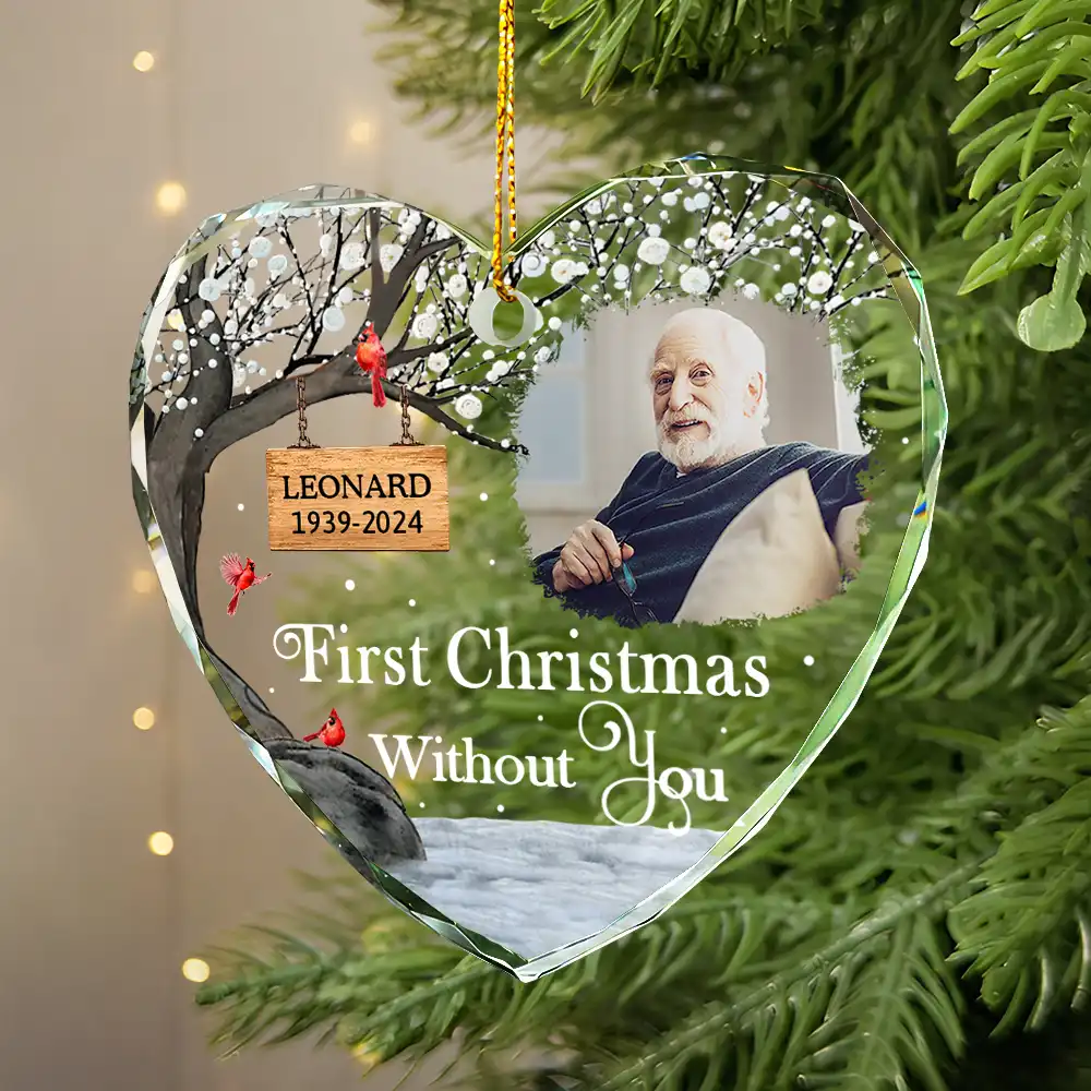 Custom Photo Memorial First Christmas Without You - Personalized Heart Shaped Glass Ornament - Image 2