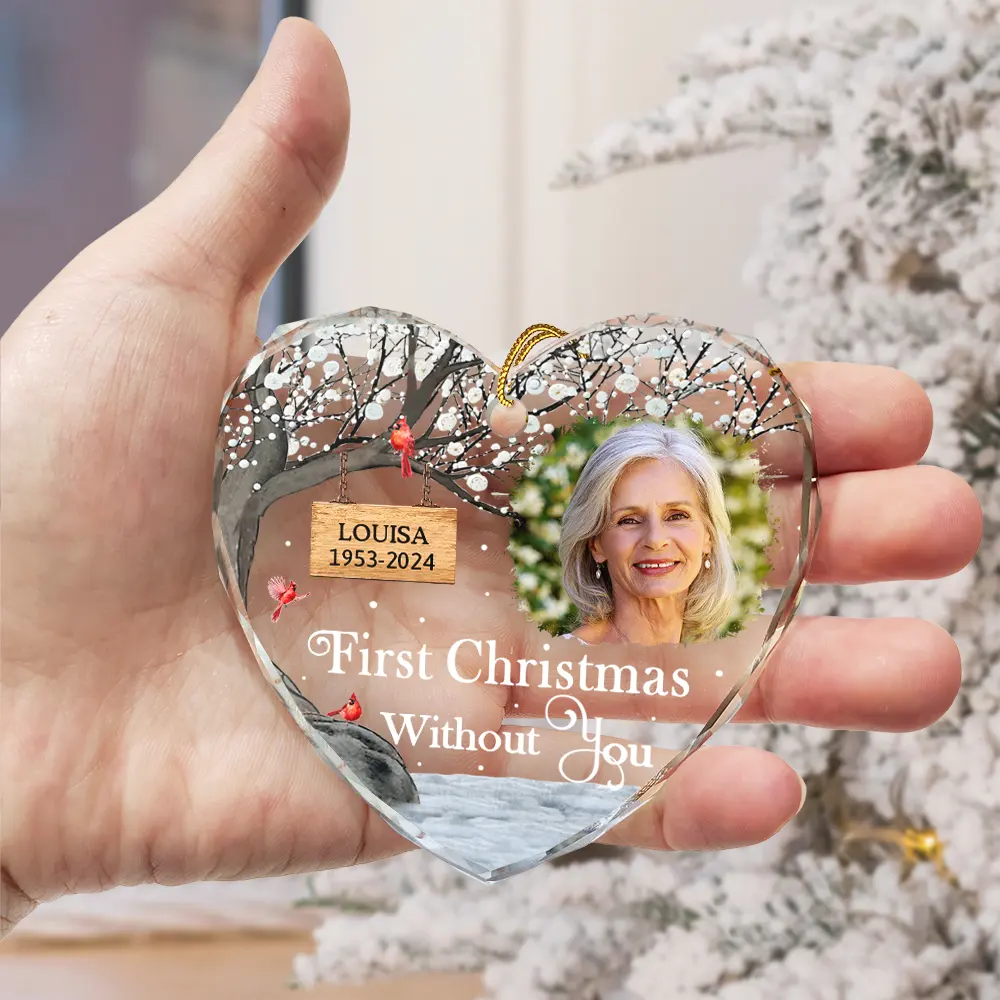 Custom Photo Memorial First Christmas Without You - Personalized Heart Shaped Glass Ornament - Image 3