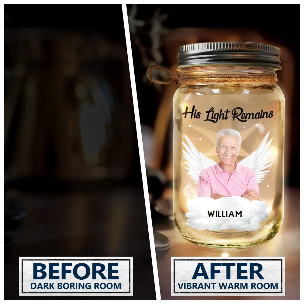 Custom Photo Memorial His Light Remains - Personalized Mason Jar Light - Image 5