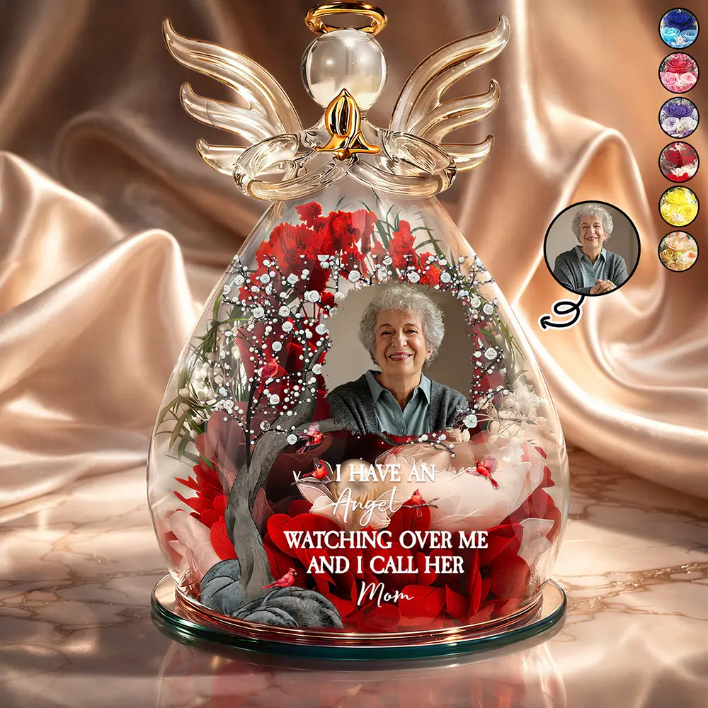 Custom Photo Memorial I Have An Angel Watching Over Me - Personalized Flower In Glass Angel Figurine - Image 2