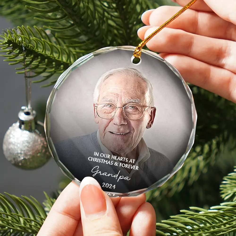 Custom Photo Memorial In Our Hearts At Christmas And Forever - Personalized Glass Ornament - Image 2