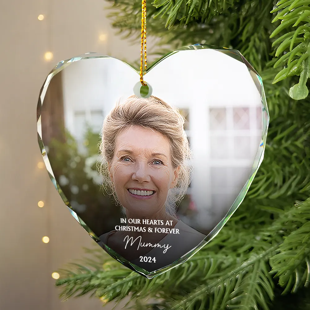 Custom Photo Memorial In Our Hearts At Christmas And Forever - Personalized Glass Ornament - Image 4