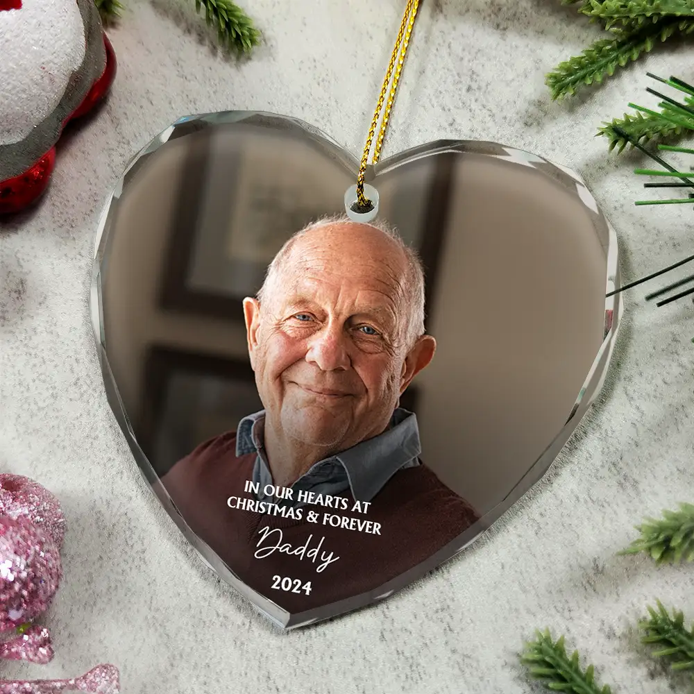 Custom Photo Memorial In Our Hearts At Christmas And Forever - Personalized Glass Ornament - Image 5