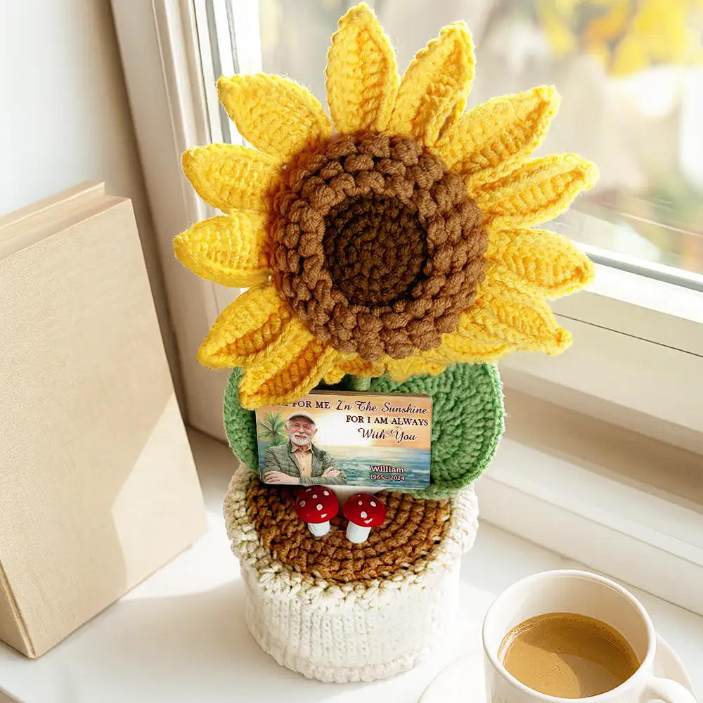 Custom Photo Memorial Look For Me In The Sunshine - Personalized Crochet Plant Pot - Image 3