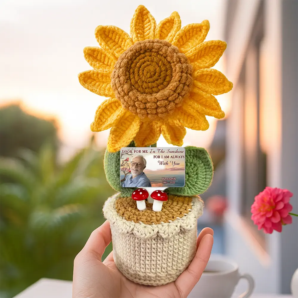 Custom Photo Memorial Look For Me In The Sunshine - Personalized Crochet Plant Pot - Image 5