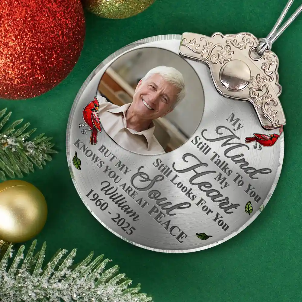Custom Photo Memorial My Mind Still Talks To You - Personalized Glass Ornament With Silver Cap - Image 2