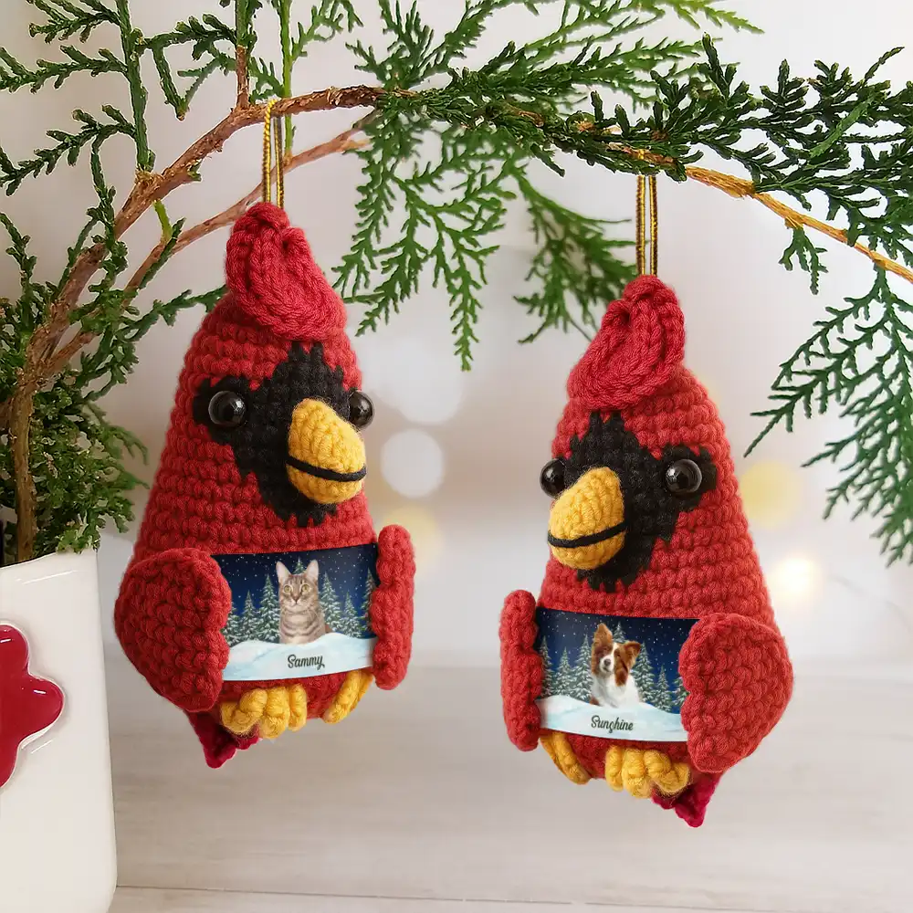 Custom Photo Memorial Pet Family Face - Personalized Crochet Cardinal Bird Hanging Decoration - Image 4