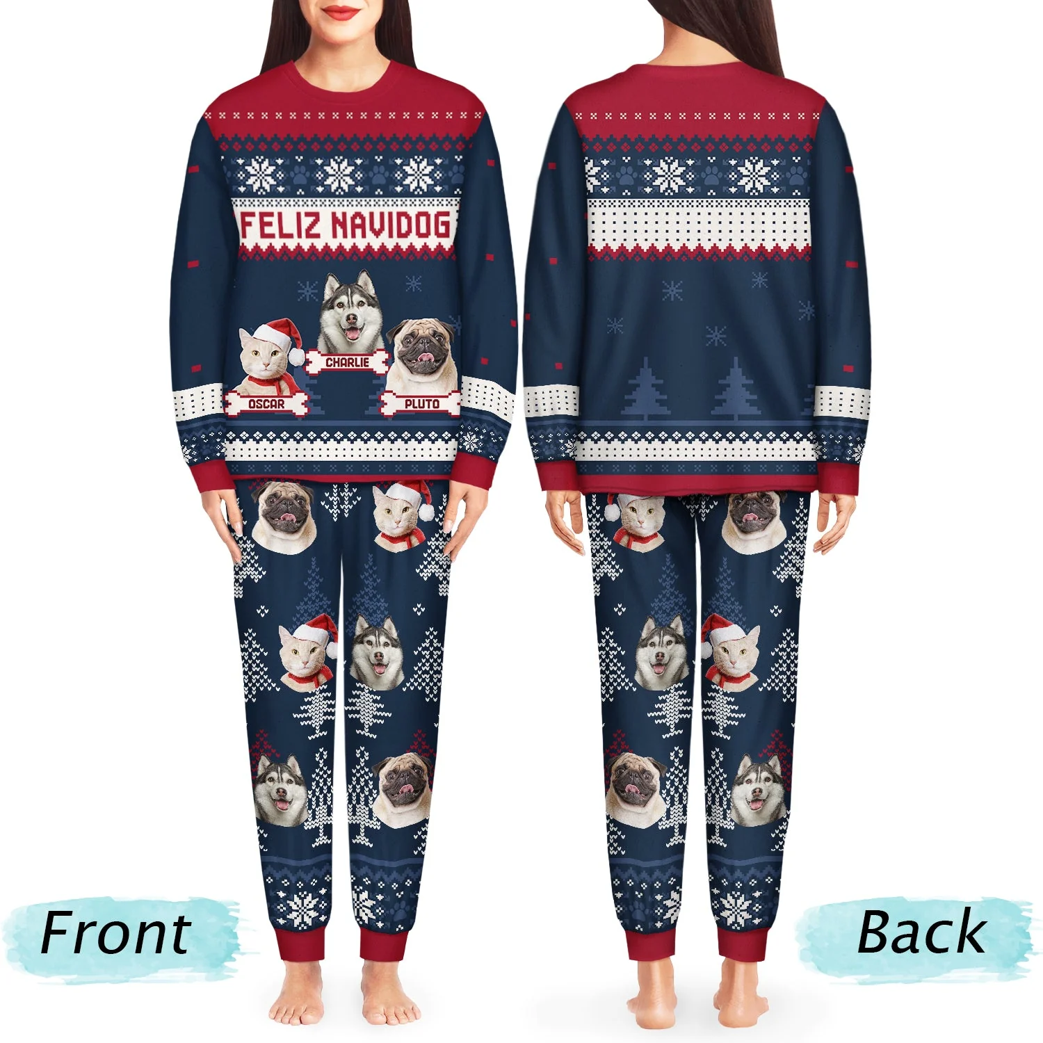 Custom Photo Meowy Catmas Feliz Navidog - Christmas Gift For Cat Lovers, Dog Lovers, Pet Owners - Personalized Unisex Pajamas Set - Image 4