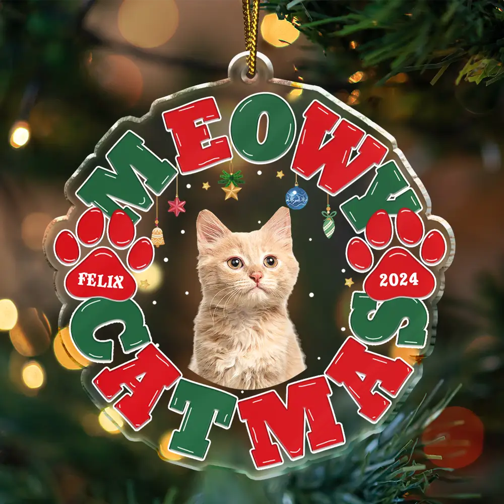 Custom Photo Meowy Catmas Merry Woofmas - Personalized Custom Shaped Acrylic Ornament - Image 4