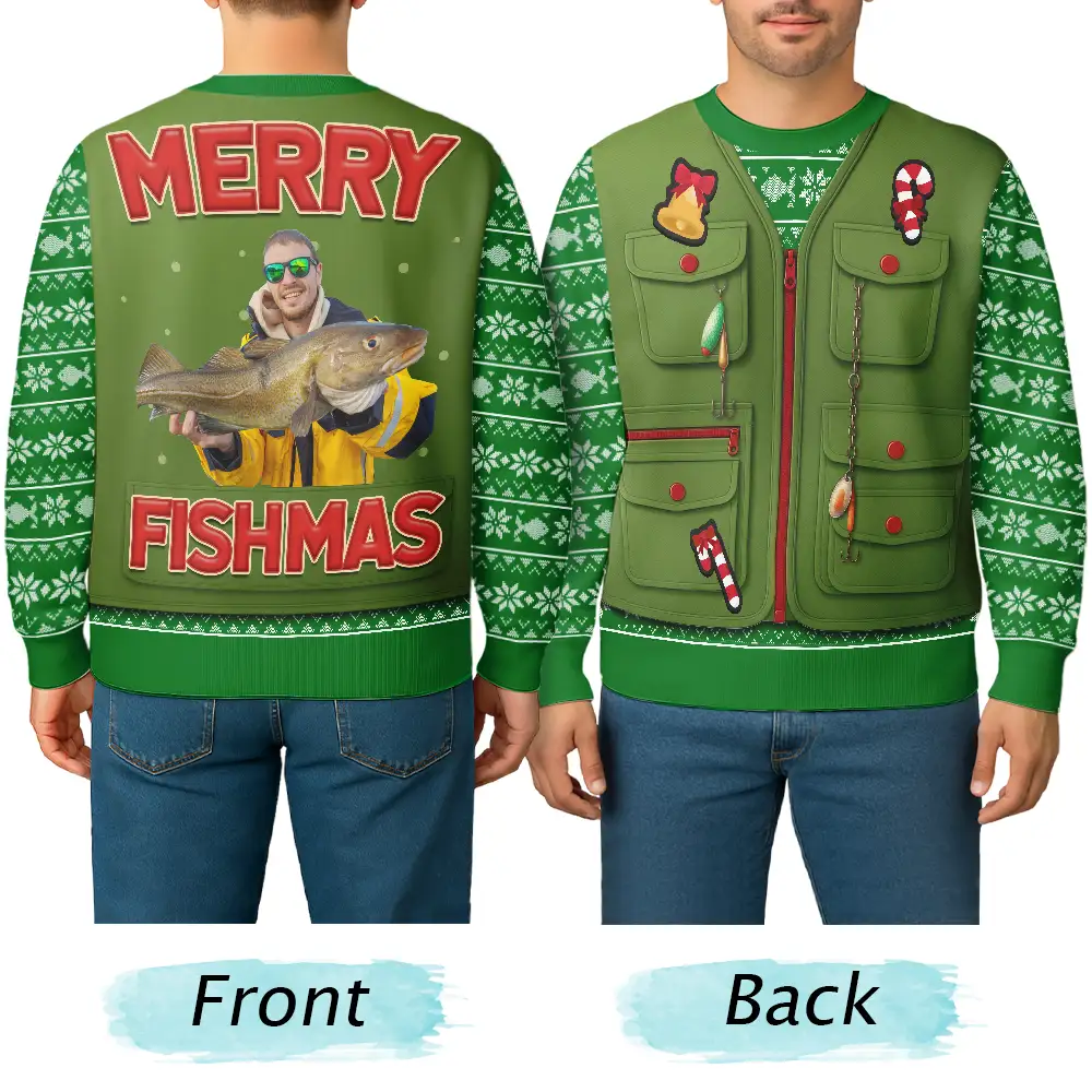 Custom Photo Merry Fishmas 3D Effect - Personalized Unisex Ugly Sweater - Image 6