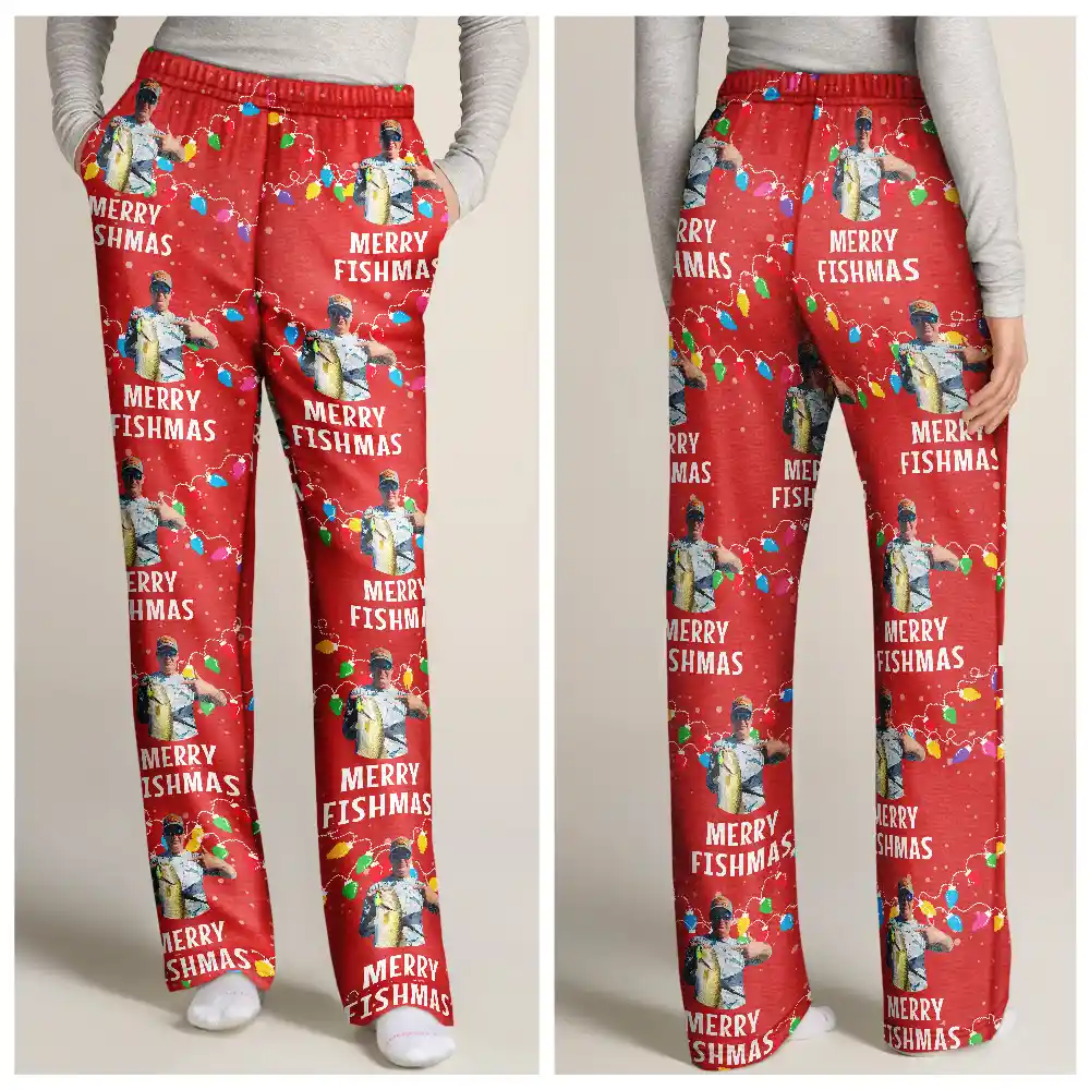 Custom Photo Merry Fishmas - Personalized Pajama Pants - Image 4