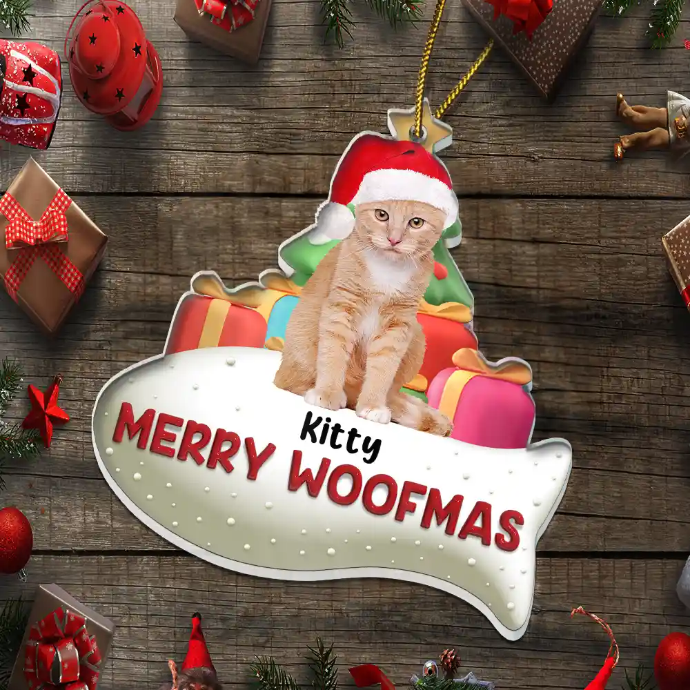Custom Photo Merry Woofmas 3D Effect Dog Cat - Personalized Custom Shaped Acrylic Ornament - Image 6