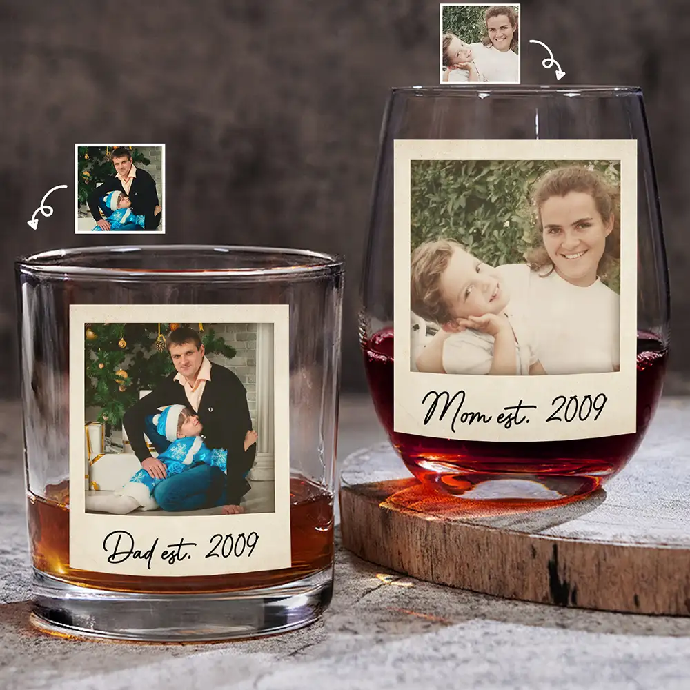 Custom Photo Mom Dad EST - Personalized Combo Wine & Whiskey Glass