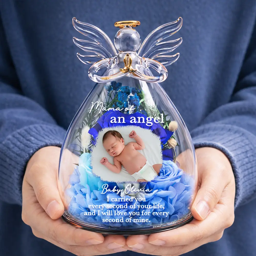 Custom Photo Mom Of An Angel - Personalized Flower In Glass Angel Figurine - Image 6