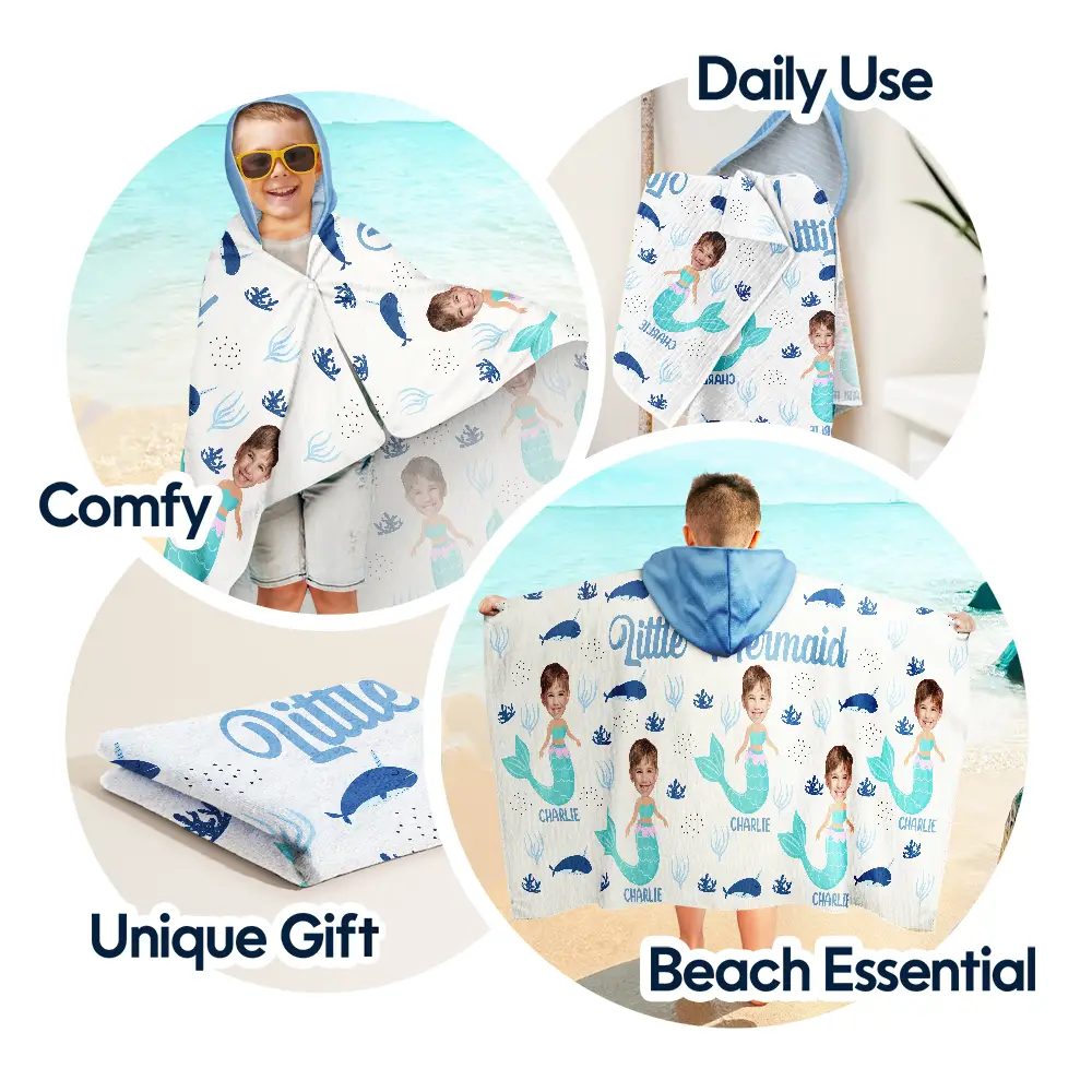 Custom Photo Mommy's Little Mermaid - Personalized Hooded Beach Towel - Image 7