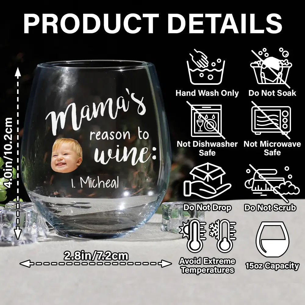 Custom Photo Mom's Reasons To Drink Custom Kid Names - Personalized Stemless Wine Glass - Image 7