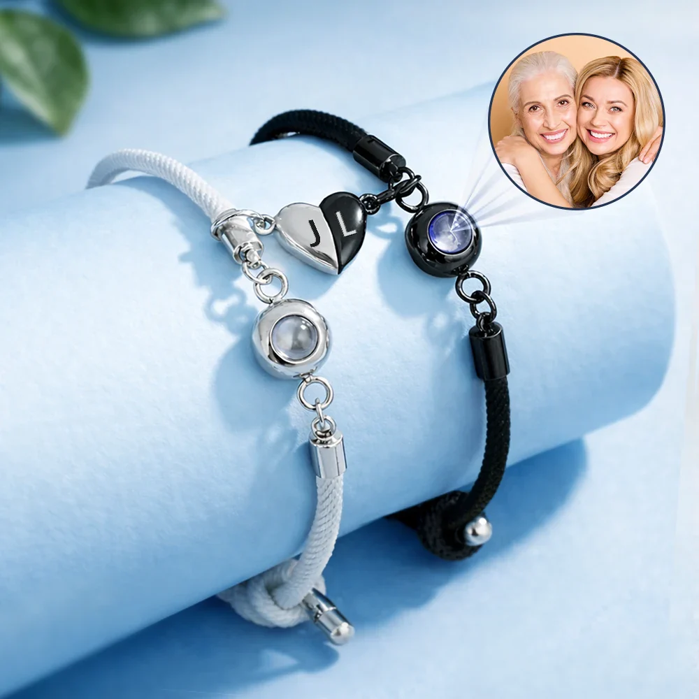 Custom Photo Mother And Daughter Forever Linked Together - Personalized Photo Projection Bracelet Magnetic Initial - Image 2