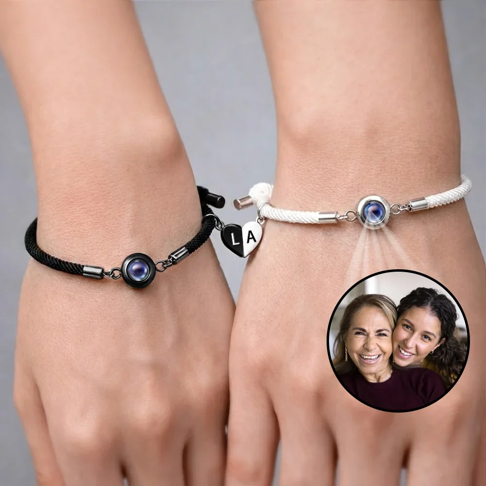 Custom Photo Mother And Daughter Forever Linked Together - Personalized Photo Projection Bracelet Magnetic Initial - Image 3