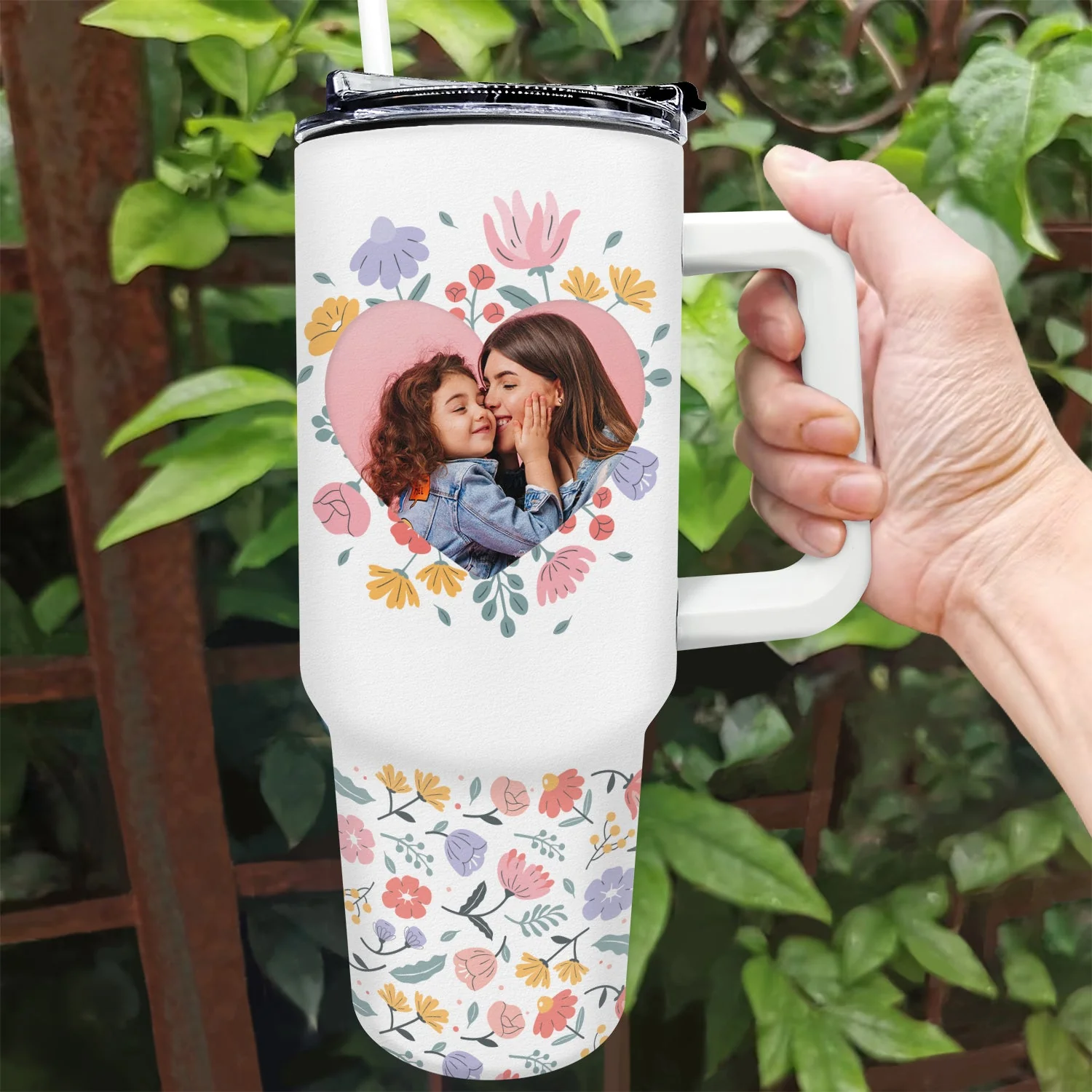 Custom Photo Mother & Daughter Son Forever Linked Together - Loving Gift For Mom, Mama - Personalized 40oz Tumbler With Straw - Image 2