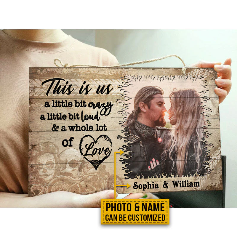 Custom Photo Motorcycling Skull Couple Husband Wife A Little Bit Of Crazy Photo Gift Custom Wood Rectangle Sign, Motorcycle, Anniversary, Wall Pictures, Wall Art, Wall Decor - Image 2